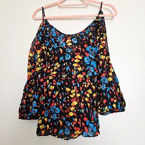 Parker Long Sleeve Cold Shoulder 100% Silk Blouse Top S Floral